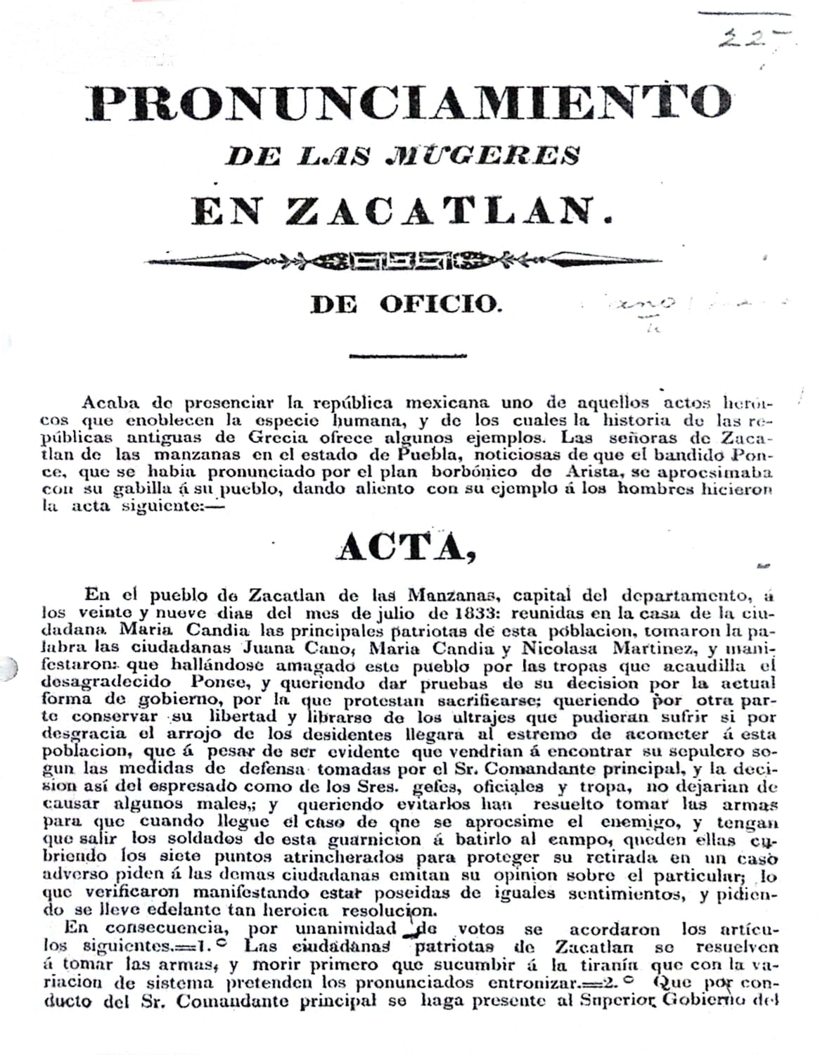 Imagen 1a. Pronunciamiento de las mujeres en Zacatlán, 29 de julio de
1833 en Archivo Municipal de Zacatlán. Anverso.